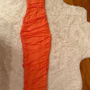 Oh Polly Bright Orange Mesh Midi Ruched Dress